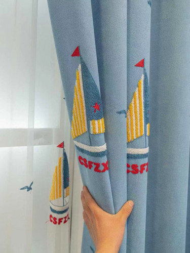 QY24H06GD Murrumbidgee High Quality Children Chenille Embroidered Blue Stailboats Eyelet Tab Top Ready Made Curtains