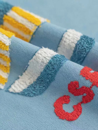 QY24H06GD Murrumbidgee High Quality Children Chenille Embroidered Blue Stailboats Eyelet Tab Top Ready Made Curtains