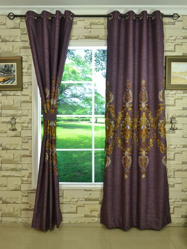 Baltic Embroidered Dark Byzantium Purple Banner Curtains (Heading: Eyelet)