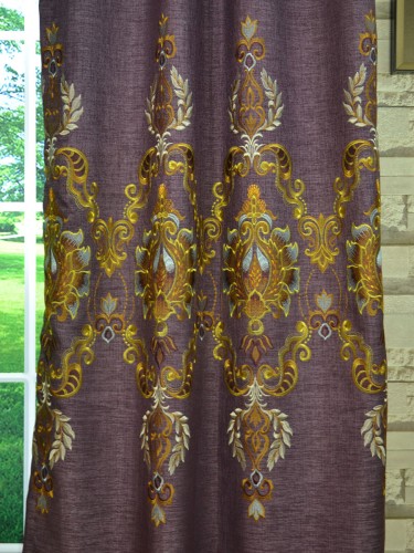 Baltic Embroidered Dark Byzantium Purple Banner Curtains Fabric Details