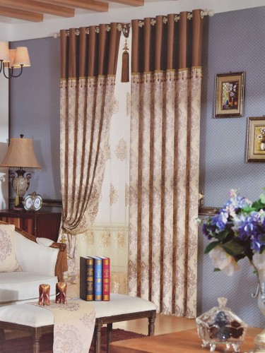 Angel Jacquard European Style Floral Pencil Pleat Chenille Curtain (Color: Beige)