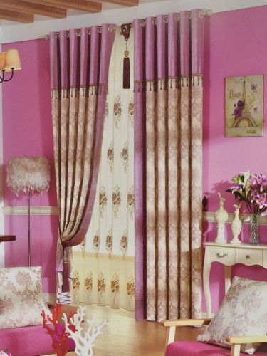Angel Jacquard Floral Damask Double Pinch Pleat Chenille Curtain (Color: Beige)