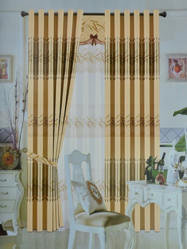 Angel Double-side Printed Pattern Short Stripe Eyelet Curtain (Color: Apricot)