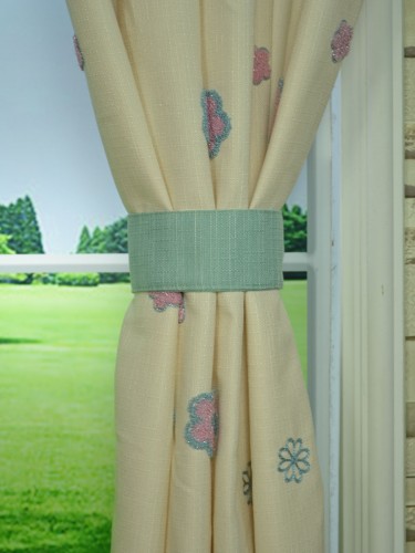 Isabel Embroidered Flowers Stitching and Ruffle Custom Made Curtains Celadon Green Fabric Tieback