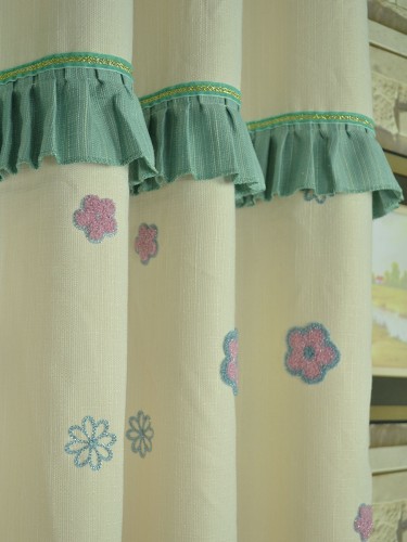 Isabel Embroidered Flowers Stitching and Ruffle Custom Made Curtains Celadon Green Fabric Details
