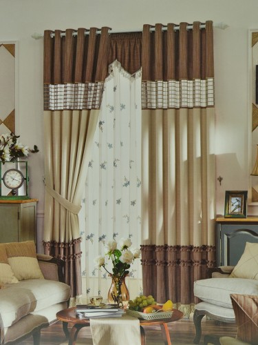 Isabel Custom Made Curtains Stitching Plaid Sheer (Color: Camel)