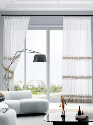 QY7121SP Gingera Horizontal Stripes Embroidered Custom Made Sheer Curtains