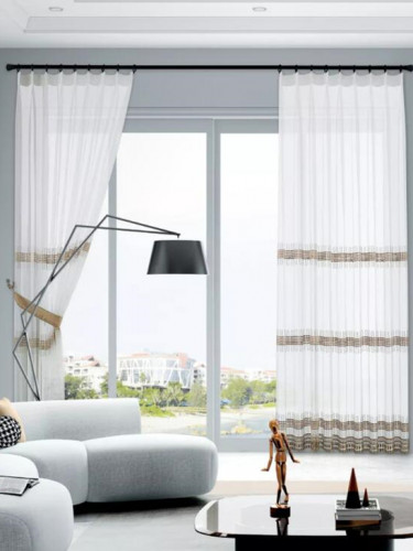 QY7121SPC Gingera Horizontal Stripes Embroidered Double Pinch Pleat Ready Made Sheer Curtains