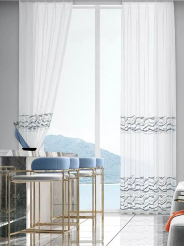 QY7121STC Gingera Waves Embroidered Double Pinch Pleat Ready Made Sheer Curtains