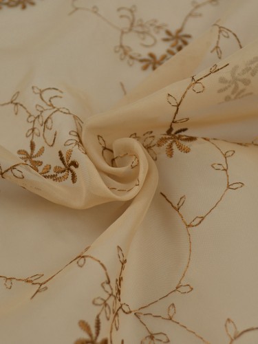 Gingera Damask Floral Embroidered Sheer Fabric Samples (Color: Camel)