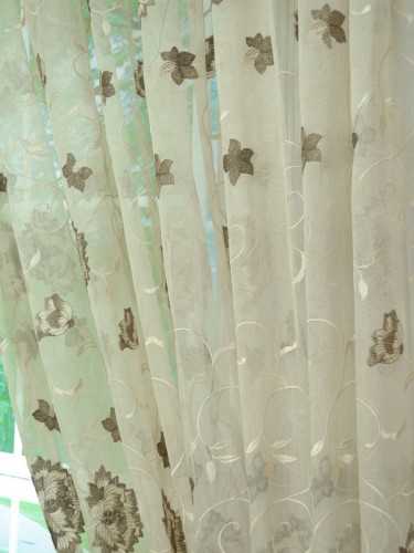 Gingera Flowers Embroidered Pencil Pleat Sheer Curtains Panels White Ready Made Fabric Details