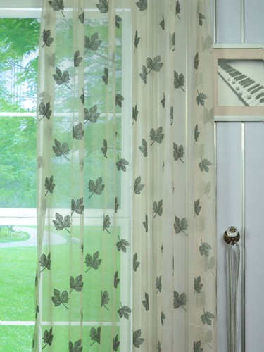 Gingera Maple Leaves Embroidered Tab Top Sheer Curtains Panels White Ready Made Fabric Details