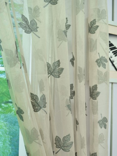 Gingera Maple Leaves Embroidered Concealed Tab Top Sheer Curtains Panels White Fabric Details