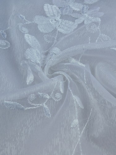 Gingera Vine Leaves Embroidered Sheer Fabric Samples (Color: White)