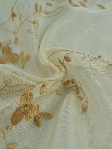 Gingera Vine Leaves Embroidered Rod Pocket Sheer Curtain Panels White Ready Made (Color: Beige)