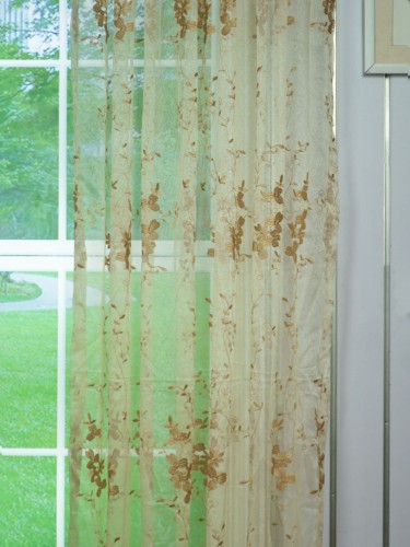 Gingera Vine Leaves Embroidered Rod Pocket Sheer Curtain Panels White Ready Made Fabric Details