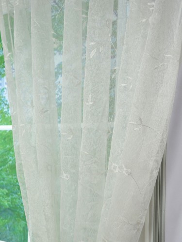 Gingera Branch Leaves Embroidered Concealed Tab Top Sheer Curtains Panels White Fabric Details