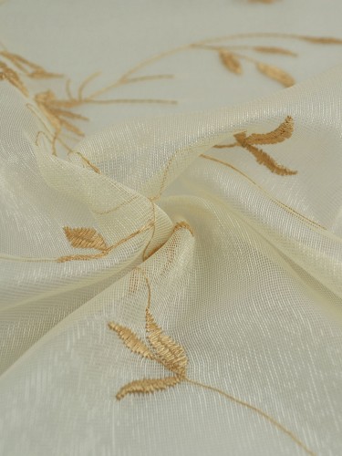 Gingera Branch Leaves Embroidered Sheer Fabric Samples (Color: Beige)