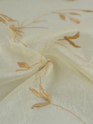 Gingera Branch Leaves Embroidered Tab Top Sheer Curtains Panels White Ready Made (Color: Beige)