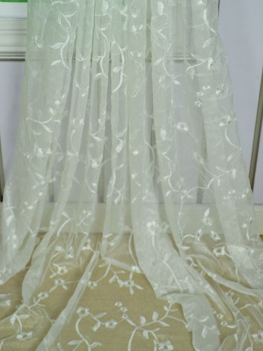 Gingera Branch Floral Embroidered Tab Top Sheer Curtains Panels White Ready Made Fabric Details