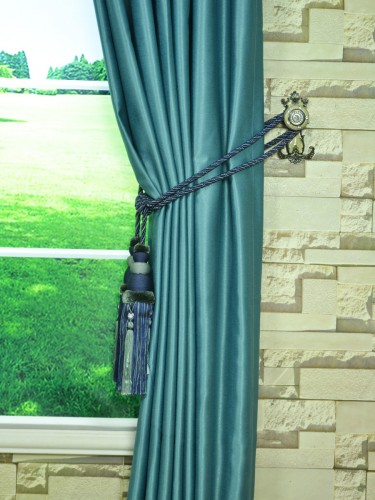 Swan Gray and Blue Solid Double Pinch Pleat Ready Made Curtains Tassel Tiebacks