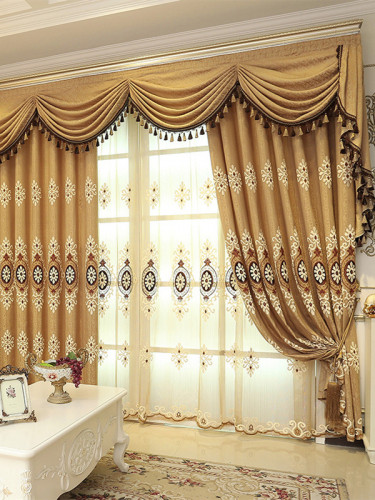 Hebe Mid-scale Scrolls Waterfall and Swag Valance and Sheers Custom Made  Velvet Curtains Pair (Color: Brown)