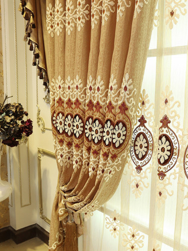 QYC125AA Hebe Mid-scale Scrolls Embroidered Chenille Ready Made Eyelet Curtains(Color: Brown)