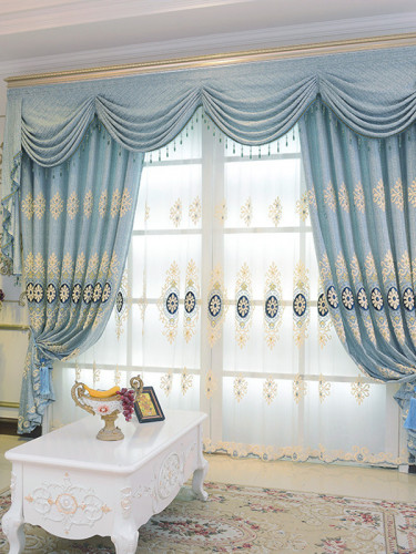 QYC125A Hebe Mid-scale Scrolls Embroidered Chenille Custom Made Curtains(Color: Blue)