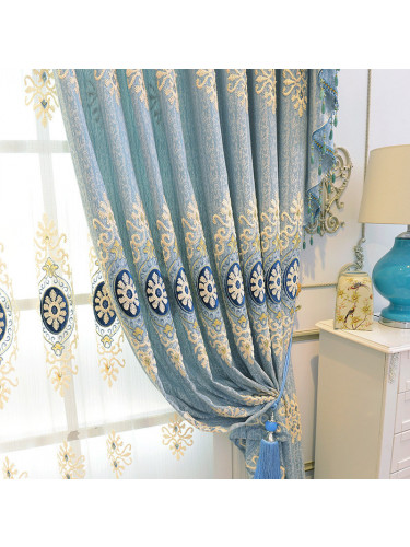 QYC125AA Hebe Mid-scale Scrolls Embroidered Chenille Ready Made Eyelet Curtains(Color: Blue)