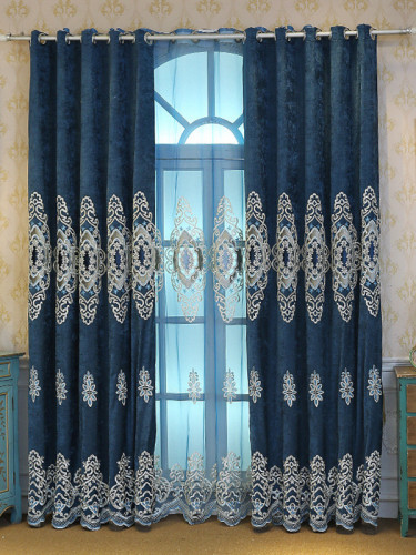 Hebe Floral Damask Waterfall and Swag Valance and Sheers Custom Made Velvet Curtains Pair(Color: Blue)