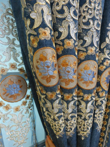 Hebe Floral Damask Embroidered Velvet Fabric Sample (Color: Blue)