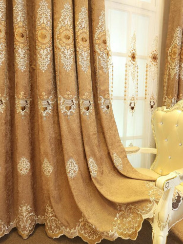 Hebe Floral Damask Embroidered Velvet Fabric Sample (Color: Brown)