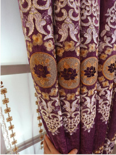  QYC125BA Hebe Floral Damask Embroidered Chenille Ready Made Eyelet Curtains(Color: Purple)