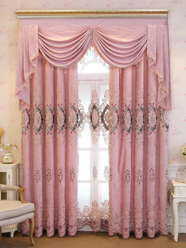 Hebe Floral Damask Waterfall and Swag Valance and Sheers Custom Made Velvet Curtains Pair(Color: Pink)