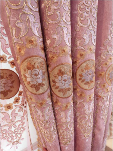  QYC125BA Hebe Floral Damask Embroidered Chenille Ready Made Eyelet Curtains(Color: Pink)