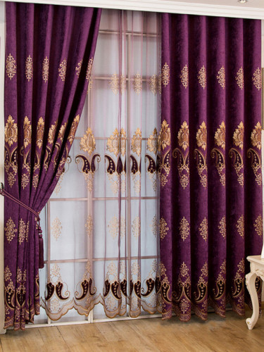 QYC125CA Hebe Traditional Damask Embroidered Chenille Ready Made Eyelet Curtains(Color: Purple)