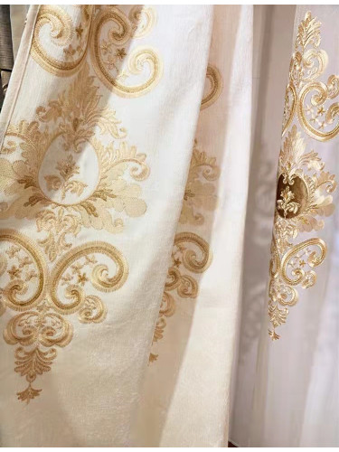 QYC125DA Hebe Regal Floral Damask Embroidered Chenille Ready Made Eyelet Curtains(Color: Beige)