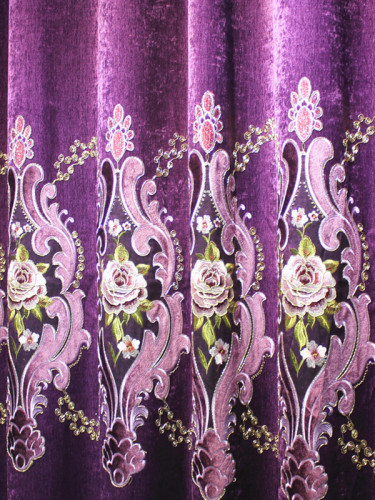  QYC125EA Hebe Eye-catching Damask Embroidered Chenille Ready Made Eyelet Curtains(Color: Pueple)