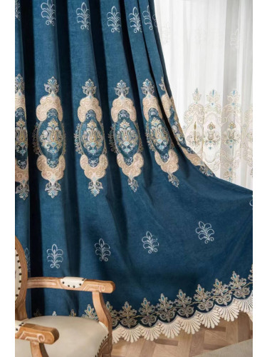  QYC125FA Hebe European Floral Luxury Damask Embroidered Chenille Ready Made Eyelet Curtains(Color: Blue)