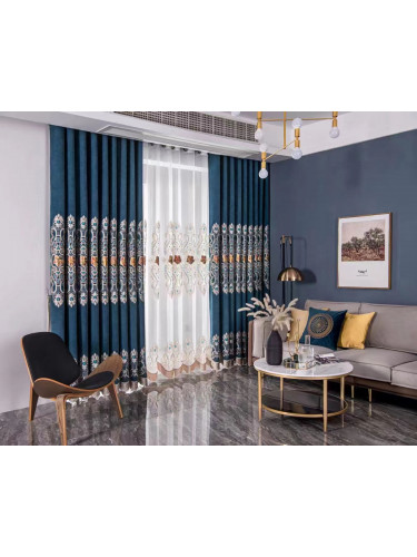 Hebe European Floral Luxury Damask Embroidered Blue Grey Velvet Custom Made Curtains
