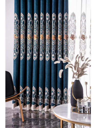 QYC125GA Hebe European Floral Luxury Damask Embroidered Chenille Blue Grey Ready Made Eyelet Curtains(Color: Blue)
