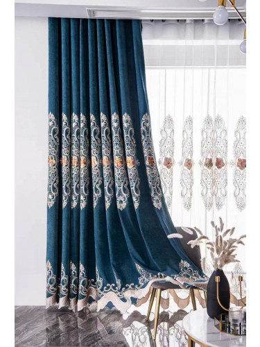 QYC125GA Hebe European Floral Luxury Damask Embroidered Chenille Blue Grey Ready Made Eyelet Curtains