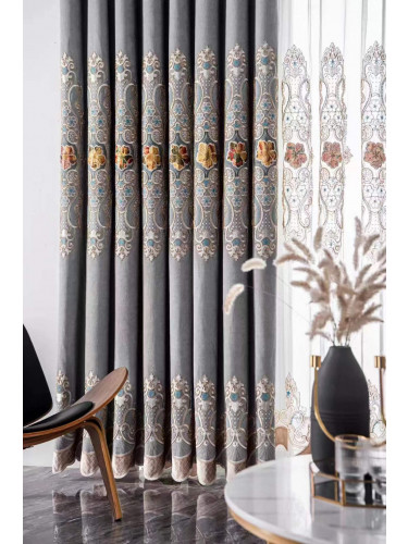QYC125GA Hebe European Floral Luxury Damask Embroidered Chenille Blue Grey Ready Made Eyelet Curtains