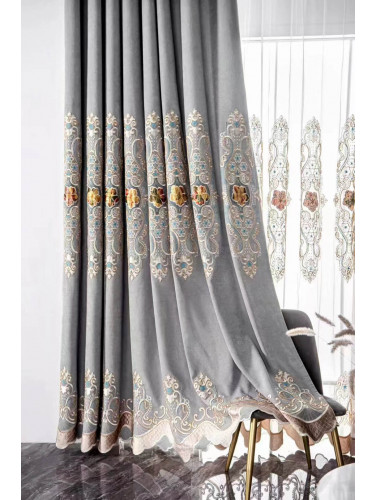 QYC125GA Hebe European Floral Luxury Damask Embroidered Chenille Blue Grey Ready Made Eyelet Curtains(Color: Grey)