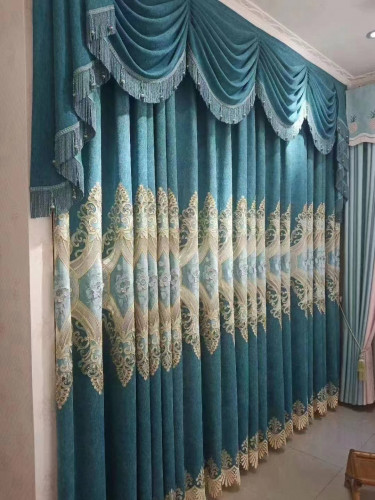 QYC125H Hebe European Floral Luxury Damask New Chenille Embroidered Blue Custom Made Curtains