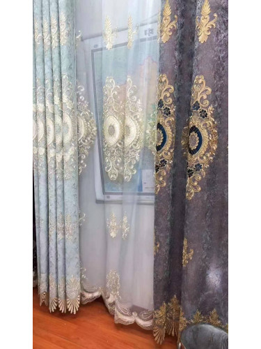 QYC125I Hebe New Flowers Bloom Luxury Damask Chenille Embroidered Brown Blue Custom Made Curtains