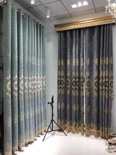 QYC125I Hebe New Flowers Bloom Luxury Damask Chenille Embroidered Brown Blue Custom Made Curtains