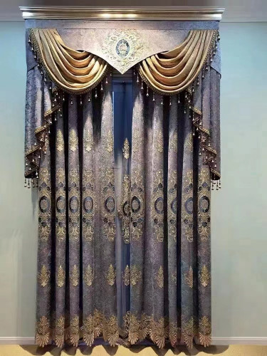 QYC125IA Hebe New Flowers Bloom Luxury Damask Chenille Embroidered Brown Blue Ready Made Eyelet Curtains