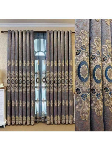 QYC125IA Hebe New Flowers Bloom Luxury Damask Chenille Embroidered Brown Blue Ready Made Eyelet Curtains(Color: Brown)