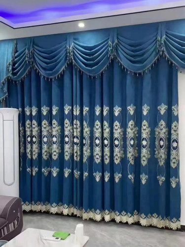 QYC125J Hebe Small Peony Luxury Damask Chenille Embroidered Blue Purple Custom Made Curtains